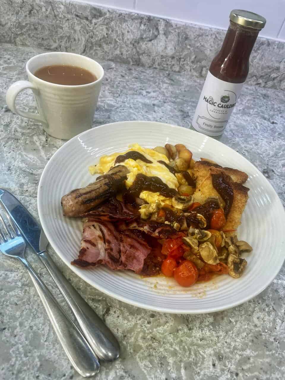 Sauce in action on a cooked breakfast Sauce in action on a cooked breakfast